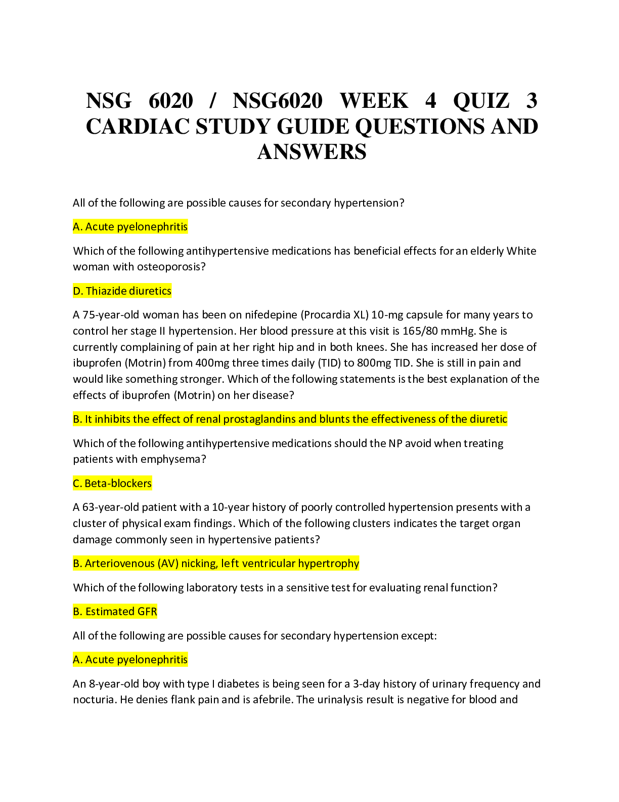 Preview image for NSG 6020 / NSG6020 WEEK 4 QUIZ 3 CARDIAC STUDY GUIDE QUESTIONS AND ANSWERS